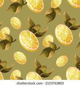 Seamless pattern with lemon and leaves on the green background. Perfect for product design, scrapbooking, textile, wrapping.