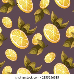 Seamless pattern with lemon and leaves on the dark background. Perfect for product design, scrapbooking, textile, wrapping.