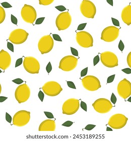 Seamless pattern with lemon and leaves on a white background.