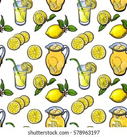 Seamless pattern of lemon, lemonade, jar and glasses, sketch vector illustration on white background. Lemon, lemon slices, lemonade, jar, glass seamless pattern, background, backdrop design