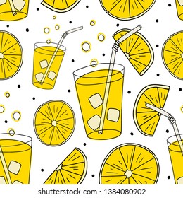 Seamless pattern with lemon and lemonade for print, textile. Seasonal summer background with fresh drink.