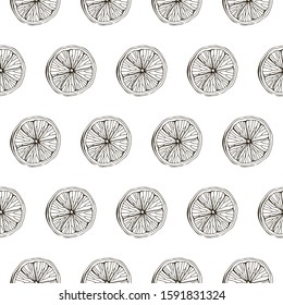 Seamless pattern of lemon, сitrus, lime. Isolated on white background. Tropical summer fruit. Detailed citrus drawing Great for tea, juice, natural cosmetics. Black and white sketch. Hand drawn