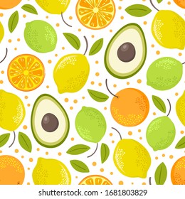 Seamless pattern with lemon, lime, orange and avocado. Vector background with tropical fruits.
