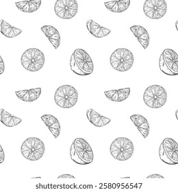 Seamless pattern of Lemon or lime slice. Vector illustration. Sketch hand drawn. Half tropical citrus fruit. Design for menu, package, cosmetic, textile, fabric