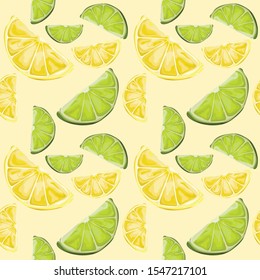 Seamless pattern with lemon and lime slices. Yellow and green citruses. Wallpaper, print, packaging, paper, textile design. Vector illustration.