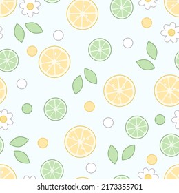 Seamless pattern of lemon and lime slices, flowers, leaves and dots in kawaii style on a blue background.