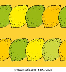 seamless pattern. lemon and lime. yellow background. 