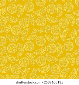 Seamless pattern with lemon in line art style on yellow background. Perfect for fabric, menu design, print, wallpaper. Slices of a lemon.