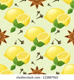 Seamless pattern with lemon, mint, anise star and cloves