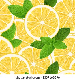 Seamless pattern with lemon and mint on white background