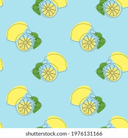 Seamless pattern with lemon on blue background. Continuous one line drawing lemon. Black line art on blue background with colorful spots. Vegan concept