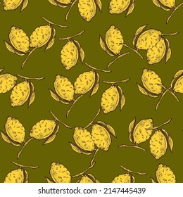 Seamless pattern lemon on branch with leaves engraving. Vintage background of citrus fruits in hand drawn style. Vector repeated color design texture for print, fabric, wrapping, wallpaper, tissue.