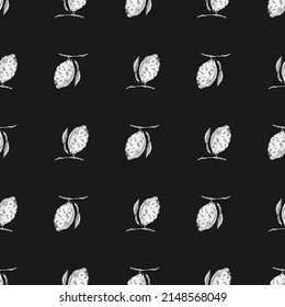 Seamless pattern lemon on branch with leaves engraving. Vintage background of citrus fruits in hand drawn style. Vector repeated color design texture for print, fabric, wrapping, wallpaper, tissue.