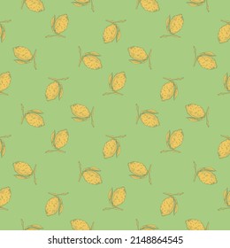 Seamless pattern lemon on branch with leaves engraving. Vintage background of citrus fruits in hand drawn style. Vector repeated color design texture for print, fabric, wrapping, wallpaper, tissue.