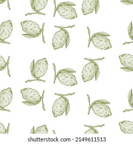 Seamless pattern lemon on branch with leaves engraving. Vintage background of citrus fruits in hand drawn style. Vector repeated color design texture for print, fabric, wrapping, wallpaper, tissue.