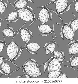 Seamless pattern lemon on branch with leaves engraving. Vintage background of citrus fruits in hand drawn style. Vector repeated color design texture for print, fabric, wrapping, wallpaper, tissue.