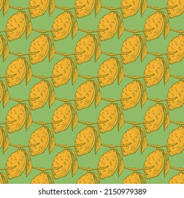 Seamless pattern lemon on branch with leaves engraving. Vintage background of citrus fruits in hand drawn style. Vector repeated color design texture for print, fabric, wrapping, wallpaper, tissue.