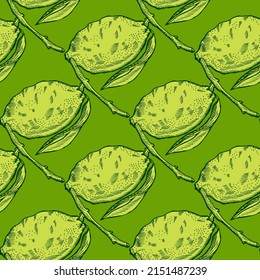 Seamless pattern lemon on branch with leaves engraving. Vintage background of citrus fruits in hand drawn style. Vector repeated color design texture for print, fabric, wrapping, wallpaper, tissue.