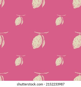 Seamless pattern lemon on branch with leaves engraving. Vintage background of citrus fruits in hand drawn style. Vector repeated color design texture for print, fabric, wrapping, wallpaper, tissue.