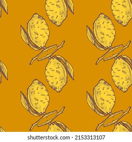 Seamless pattern lemon on branch with leaves engraving. Vintage background of citrus fruits in hand drawn style. Vector repeated color design texture for print, fabric, wrapping, wallpaper, tissue.