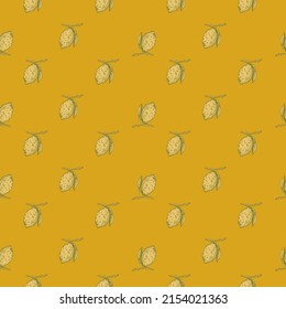 Seamless pattern lemon on branch with leaves engraving. Vintage background of citrus fruits in hand drawn style. Vector repeated color design texture for print, fabric, wrapping, wallpaper, tissue.