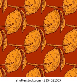 Limón patrón sin foco en rama con hojas grabadas. Fondo vintage de cítricos con estilo dibujado a mano. Textura de diseño de color repetida vectorial para impresión, tela, envoltura, papel pintado, tejido.