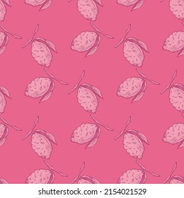 Seamless pattern lemon on branch with leaves engraving. Vintage background of citrus fruits in hand drawn style. Vector repeated color design texture for print, fabric, wrapping, wallpaper, tissue.