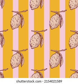 Seamless pattern lemon on branch with leaves engraving. Vintage background of citrus fruits in hand drawn style. Vector repeated color design texture for print, fabric, wrapping, wallpaper, tissue.