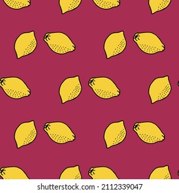 Seamless pattern with lemon on dark pink background. Vector image.