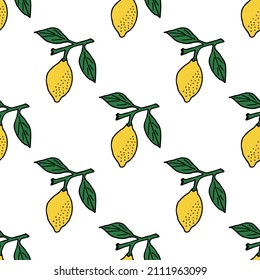 Patrón sin foco con limón sobre una rama verde sobre fondo blanco. Imagen vectorial.