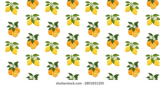 seamless pattern with lemon and orange fruits on branches