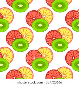 Seamless pattern with lemon, orange and kiwi in a flat style on a white background.
