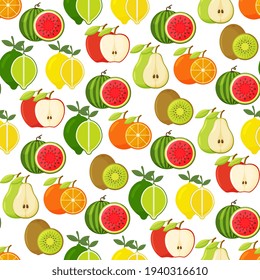 Seamless pattern with lemon, orange, lime, kiwi, apple, pear, watermelon. Vector fruity background.
