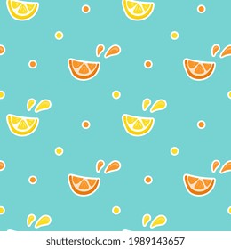 Seamless pattern with lemon and orange on blue background. Vegan concept.  Illustration for printing on fabric, wrapping paper.