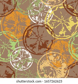 seamless pattern of lemon, orange and other citrus slices in beige colors. the drawing imitates living materials-chalk, pencil, and pastel. stock vector illustration. EPS 10.