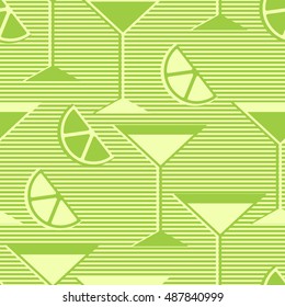 Seamless pattern with lemon or orange sections and martini glasses in striped background. 