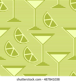 Seamless pattern with lemon or orange sections and martini glasses in striped background. 