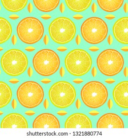 Seamless pattern with lemon and orange slices on green background. Surface pattern.It be perfect for fabric, wrapping,packaging, digital paper and more.
