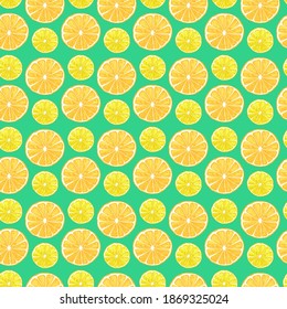 Seamless Pattern with lemon and orange slices isolated on green background. For printing wrapping paper, packaging, fabric. Hand Drawn vector illustration.