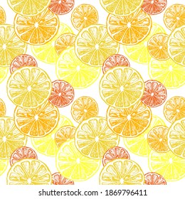 Patrón sin foco con rodajas de limón y naranja aisladas en fondo blanco. Para imprimir papel envolvente, embalaje, tela. Ilustración vectorial dibujada a mano.