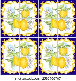 Seamless pattern with lemon, Positano (Italy) tales style, in the typical blue and yellow colours 