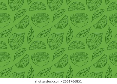 Seamless pattern with lemon slice, half and leaf in line art style on green background. Fresh fruit design for summer package, fabric or kitchen wallpaper.