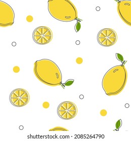 Seamless pattern with lemon and a slice of lemon on a white background, illustration of a flat lemon with lines. pattern for textile, fabric, wallpaper