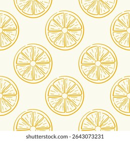 Seamless pattern of lemon slice on beige background in line art style. Fresh citrus fruit design for summer time, kitchen wallpaper and healthy food concept.