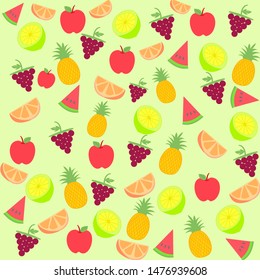Seamless pattern with lemon, slice orange, apple, pineapple and juicy watermelon on a pastel green background.