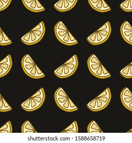 Seamless pattern with lemon sliced on dark background. Endless texture for festive design, restaurant and cafe menu, decoration.