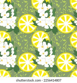 Seamless pattern with lemon slices and blooming lemon tree branches