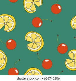 Seamless pattern with lemon slices and cherries