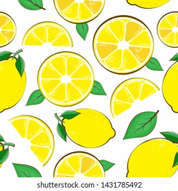 Seamless pattern lemon. Slices of citrus and leaf on white background. Vector illustration.