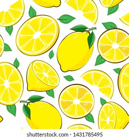 Seamless pattern lemon. Slices of citrus and leaf on white background. Vector illustration.